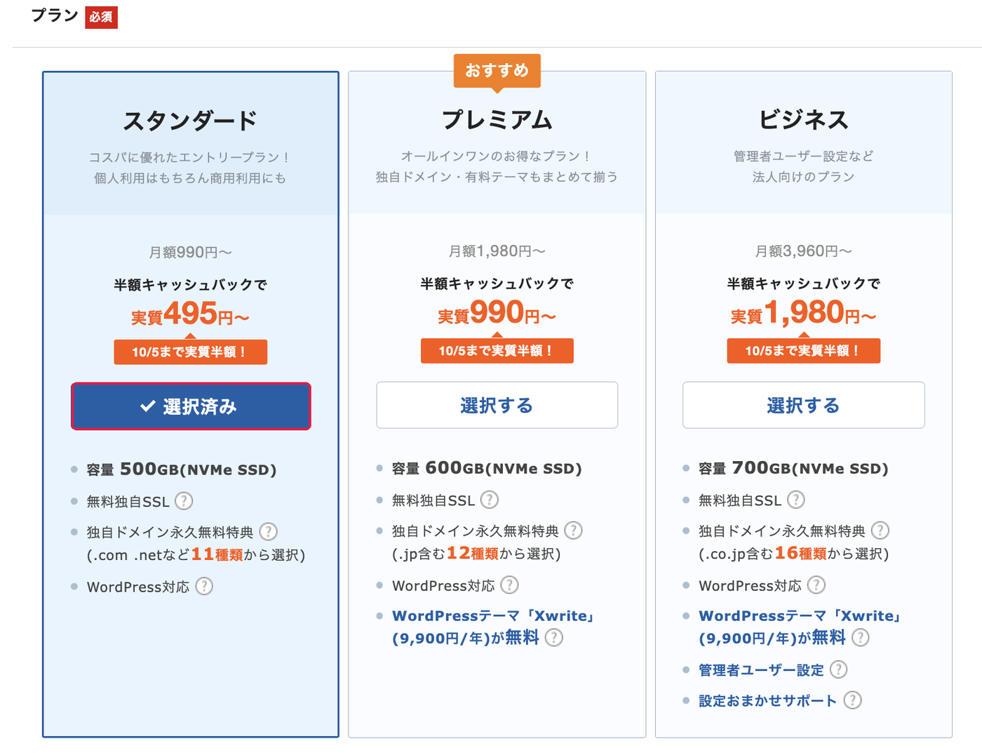 プランの選択。スタンダードの選択済みに赤枠