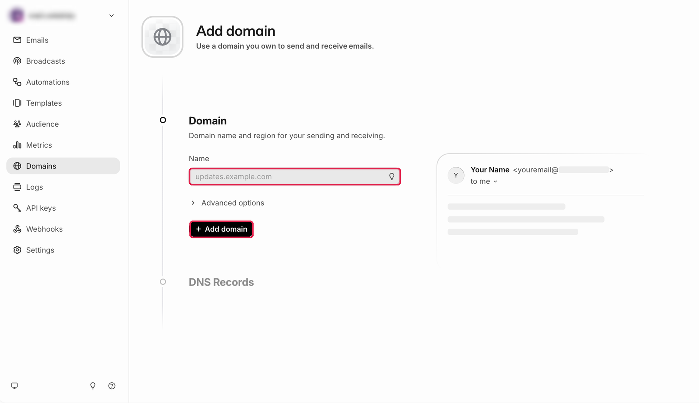 Add domain画面。Name欄とAdd domainボタンに赤枠