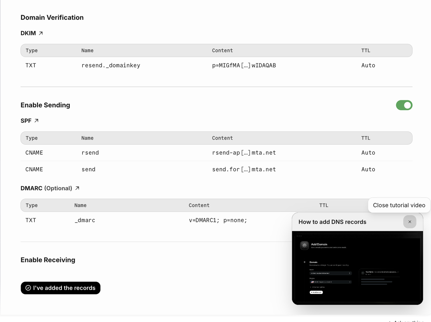 ResendのDNSレコード。DKIM、SPF、DMARCの表