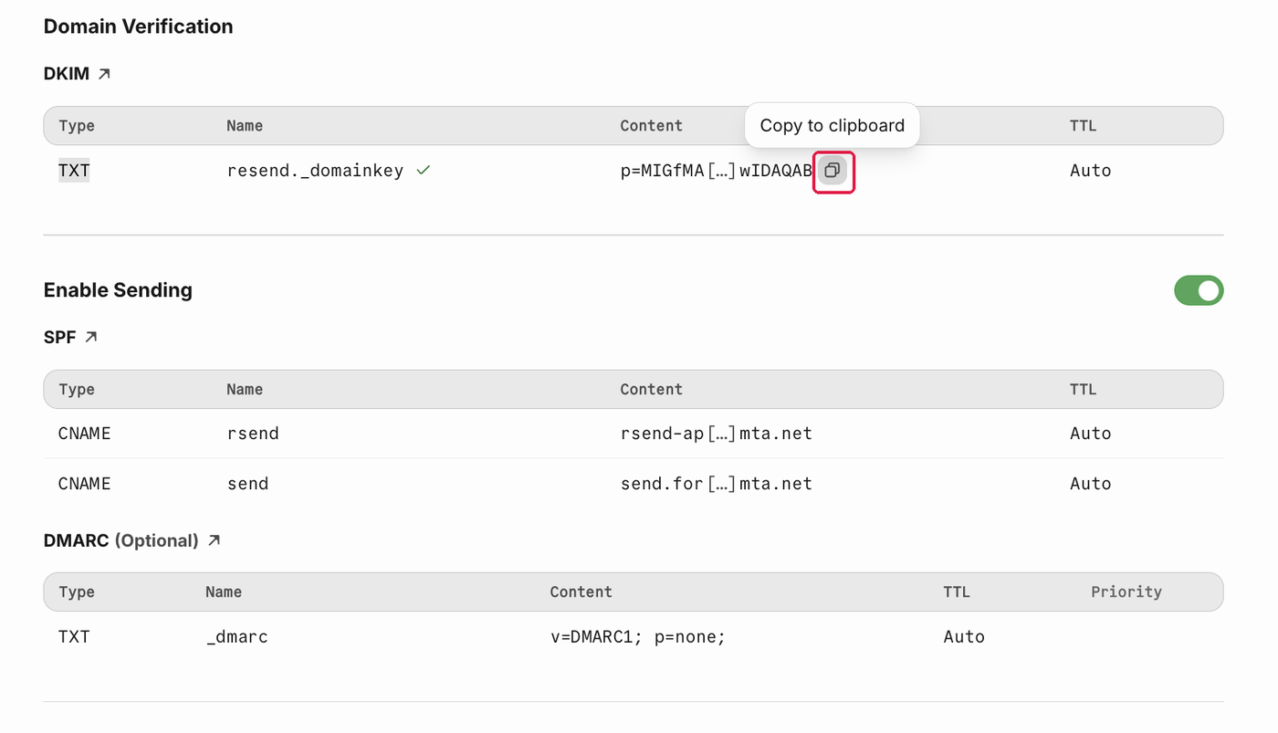 値の右のコピーボタンに赤枠。Copy to clipboard の表示