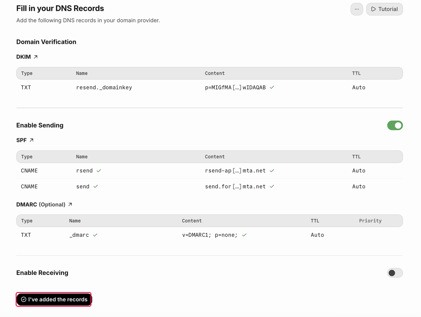 Fill in your DNS Records。I've added the recordsに赤枠