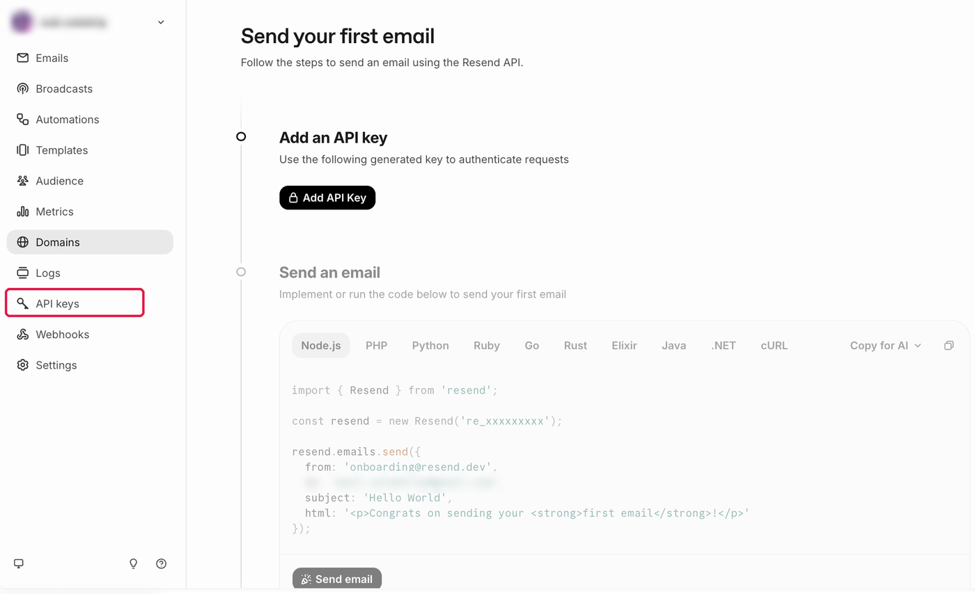 Resendの左メニュー。API keysに赤枠