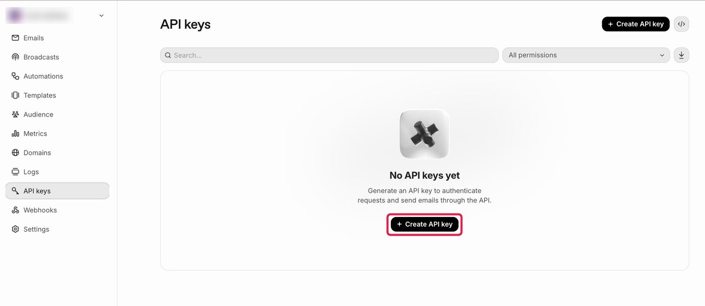 ResendのAPI keysの画面。まん中のCreate API keyに赤枠