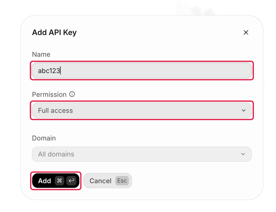Add API Keyの画面。Name、Permission、Addに赤枠