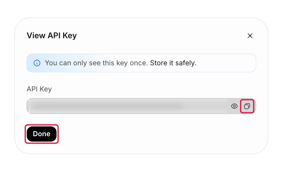 View API Keyの画面。キーはぼかし。コピーのボタンとDoneに赤枠