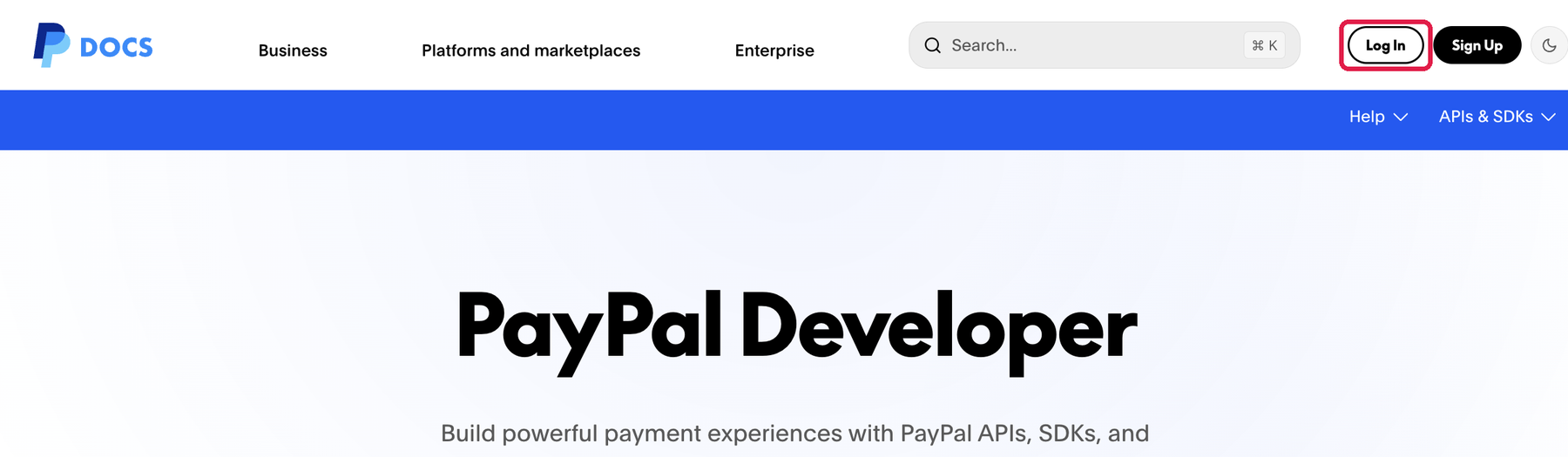 PayPal Developerのトップ。右上のLog Inに赤枠
