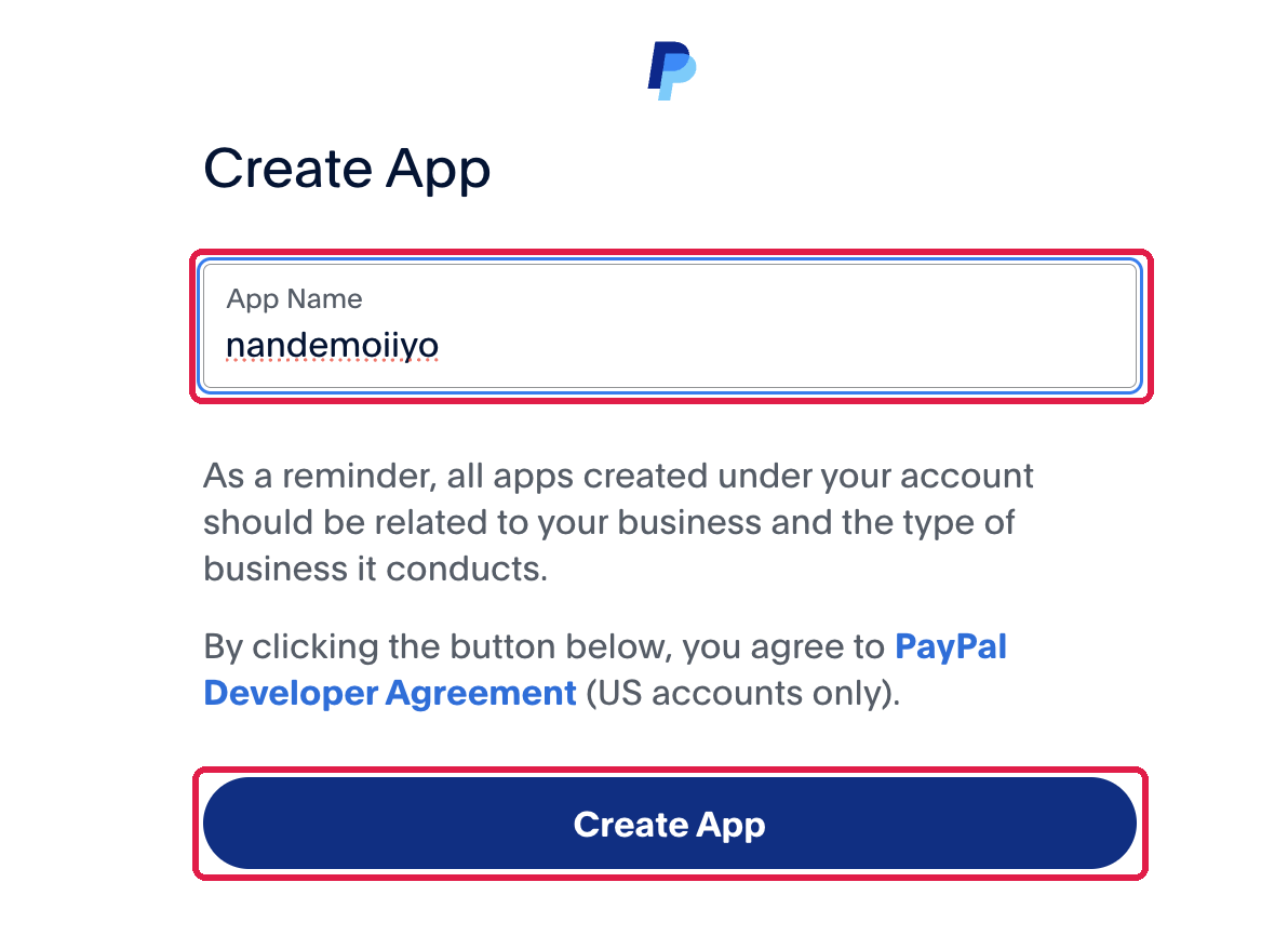 Create Appの画面。App NameとCreate Appに赤枠